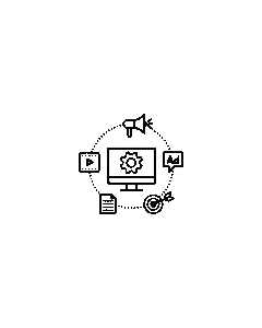 Black circular emblem with marketing and analytics icons – freelance digital marketing in expert Calicut